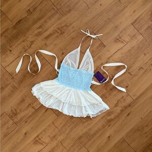 Babydoll Halter Blue and White One-piece Mesh Lace Chemise Lingerie